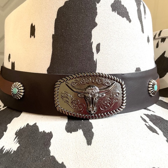 COW PRINT WESTERN LONG HORN STRAP COWBOY HAT - Picture 3 of 15